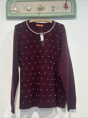 Belldini Burgundy Pearl-Trim rhinestone Crewneck Sweater women’s 1x plus new